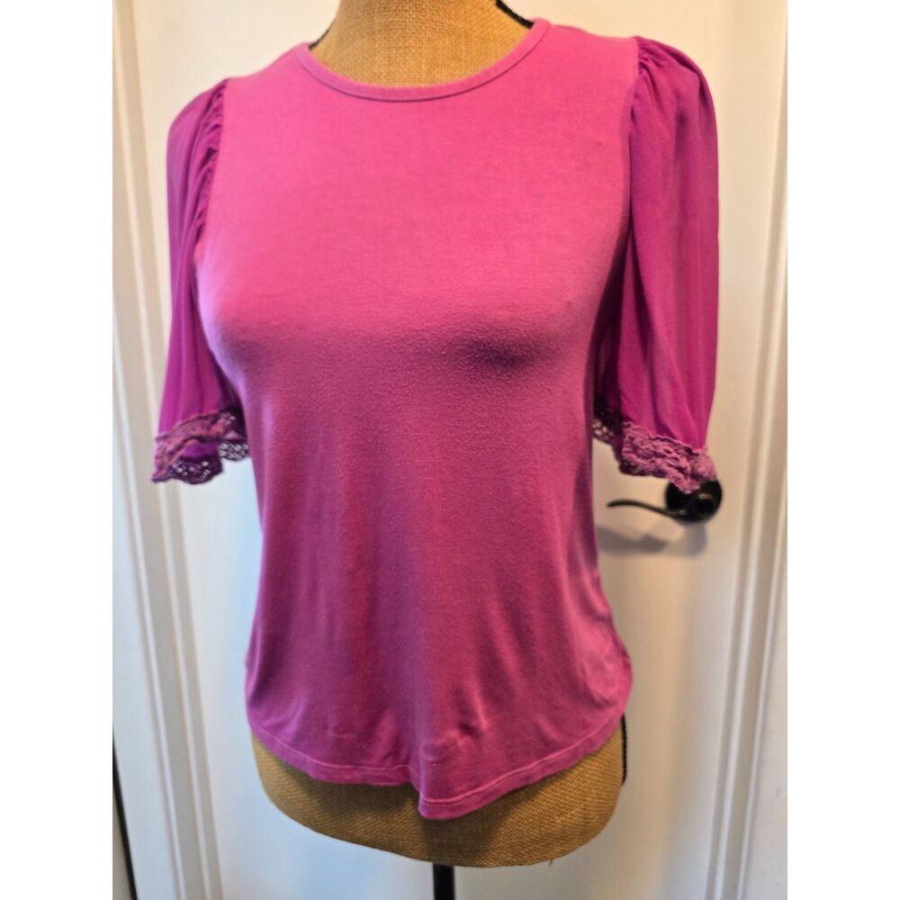 Q2 Spain Orchid Pink Puff Sleeve Viscose Top Crochet Lace Trim Size